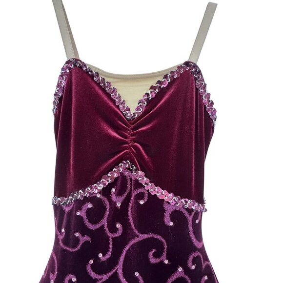 Ballet Dance Dress Costume‎ Girls 6/8 Yrs Burgundy Velvet Rhinestone Swirls Tutu - Picture 5 of 14
